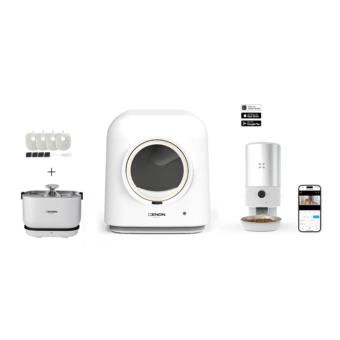 Xenon Smart Akıllı Otomatik Kedi Tuvaleti 4LT Çelik Hazneli Kameralı Mama Kabı Akıllı Bataryalı Su Pınarı ve Yedek Filtre Pet Seti